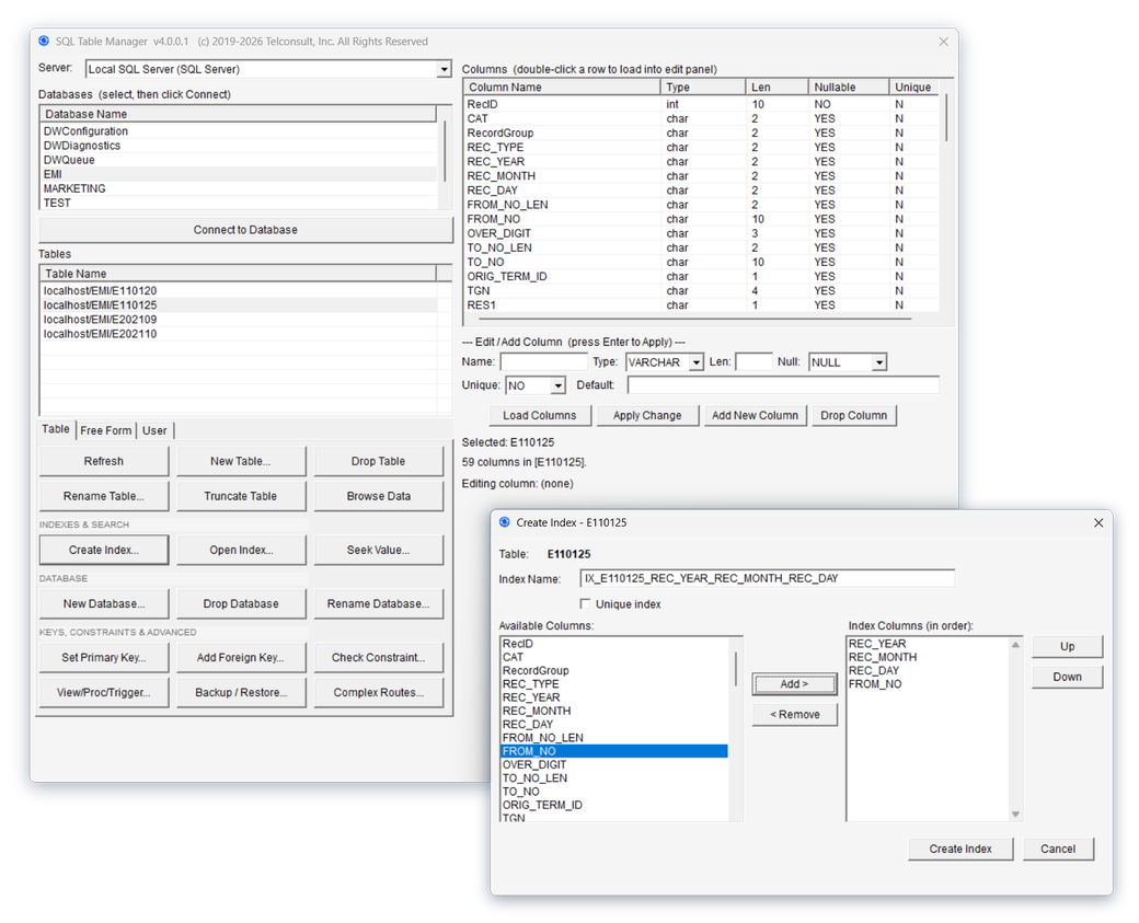SQL Table Manager v4 with buttons for tables, databases, indexes, primary and foreign keys, and the Create Index window open
