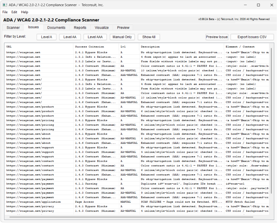 ADA/WCAG 2.0-2.1-2.2 Compliance Scanner Issues